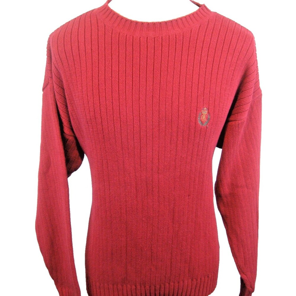 Mens Chaps Ralph Lauren Maroon Crew Neck Hand Frame Rib Knit Cotton Sweater sz L